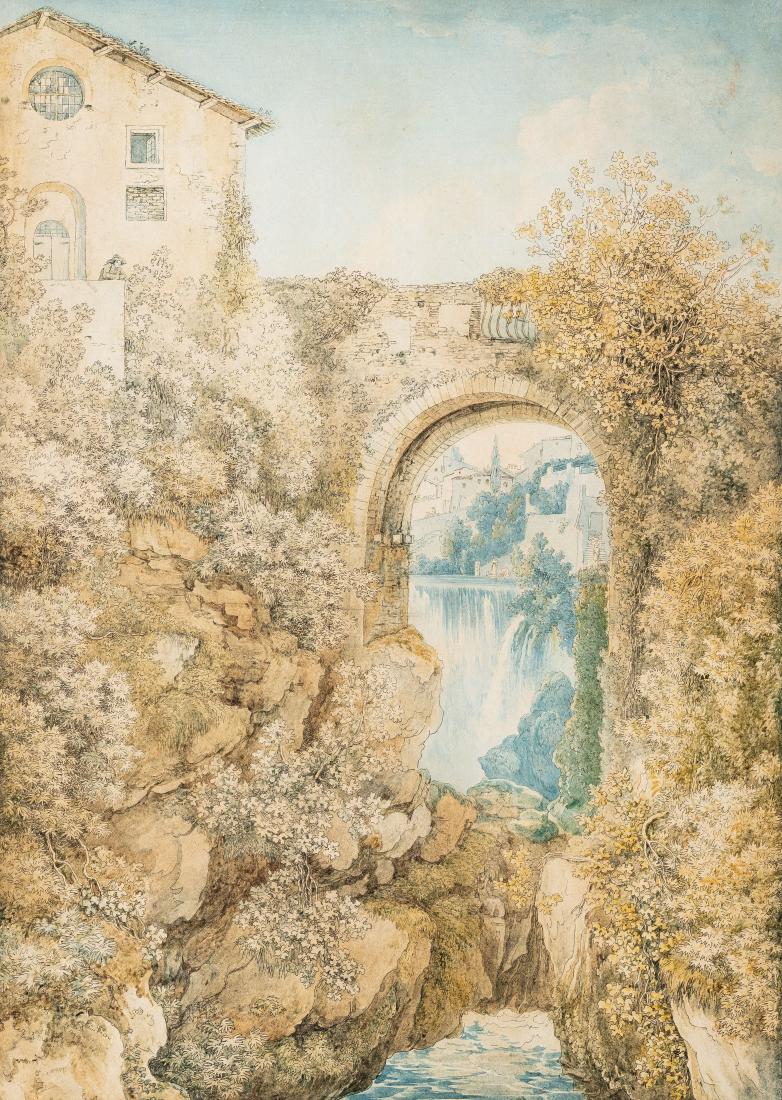 Franz Kaisermann (1765-1833). Les Cascades de Tivoli.: Franz Kaisermann (1765-1833). Les Cascades de Tivoli. Vers 1800. Eau-forte et aquatinte aquarellée. 305 x 428. Très belle et fraîche épreuve encadrée d’un large filet de