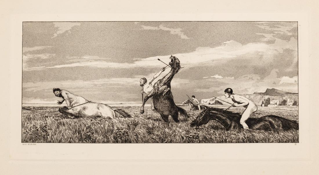Max Klinger (1857-1920). Verfolgter Centaur (Centaure: Max Klinger (1857-1920). Verfolgter Centaur (Centaure pourchassé). (Pl. III de la suite de 12 Intermezzi– Opus IV). 1881. Eau-forte et aquatinte. 405 x 200. Singer 54. Belle épreuve su
