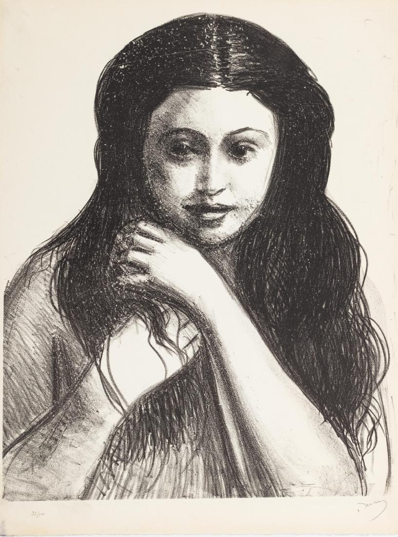 André Derain (1880-1954). Femme de face, raie au: André Derain (1880-1954). Femme de face, raie au milieu, ses cheveux noirs encadrant son visage souriant. (Pl. de la suite Métamorphoses). 1927. Lithographie. 365 x 450. Adhémar 71