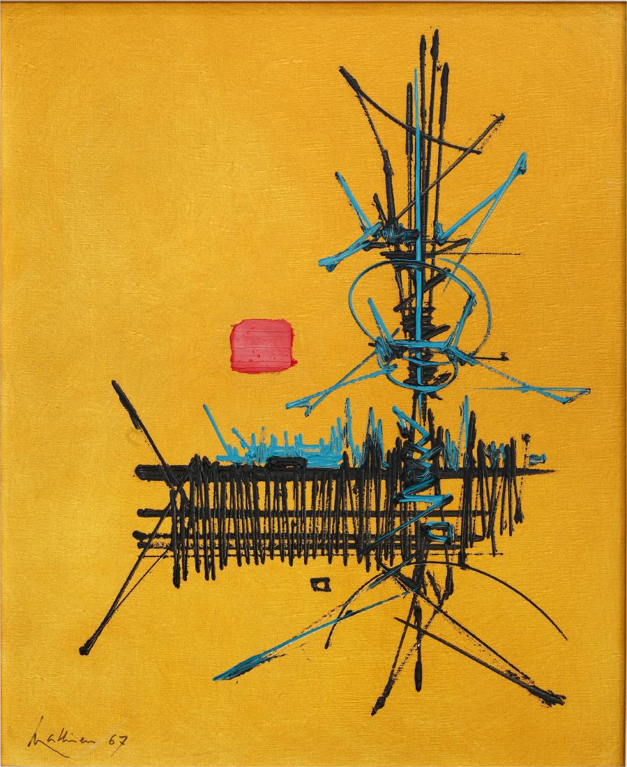 Georges MATHIEU (FRA/1921-2012) Telesma, 1967 Huile sur: Georges MATHIEU (FRA/1921-2012)Telesma, 1967Huile sur toile 74 x 60 cm Signée en bas à gauche Titrée au dos sur le chassis Provenance: -Dominion Gallery, Montréal, Canada -Collection privée, Ital