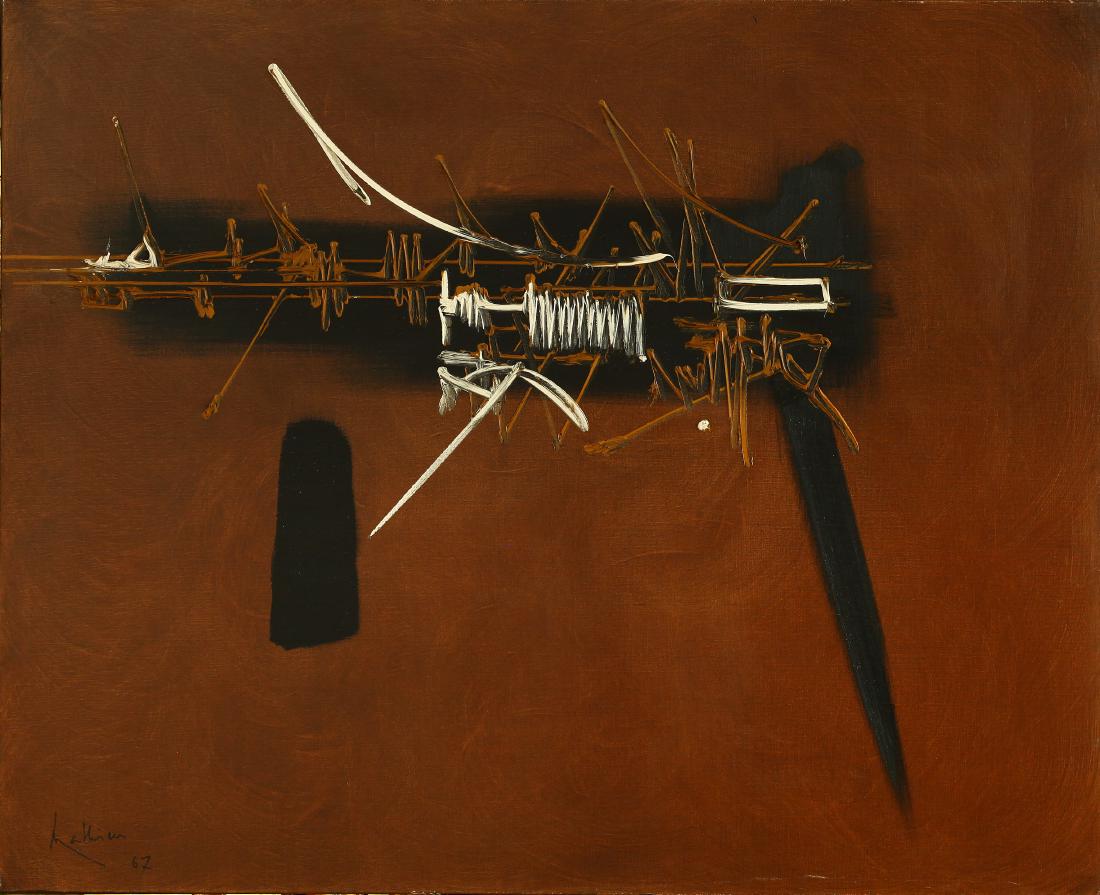 Georges MATHIEU (FRA/1921-2012) Li Duan, 1967 Huile sur: Georges MATHIEU (FRA/1921-2012)Li Duan, 1967Huile sur toile 81 x 100 cm Signée et datée en bas à gauche Titrée au dos sur le chassis Provenance: -Collection privée, Italie -Collection privée, Fr