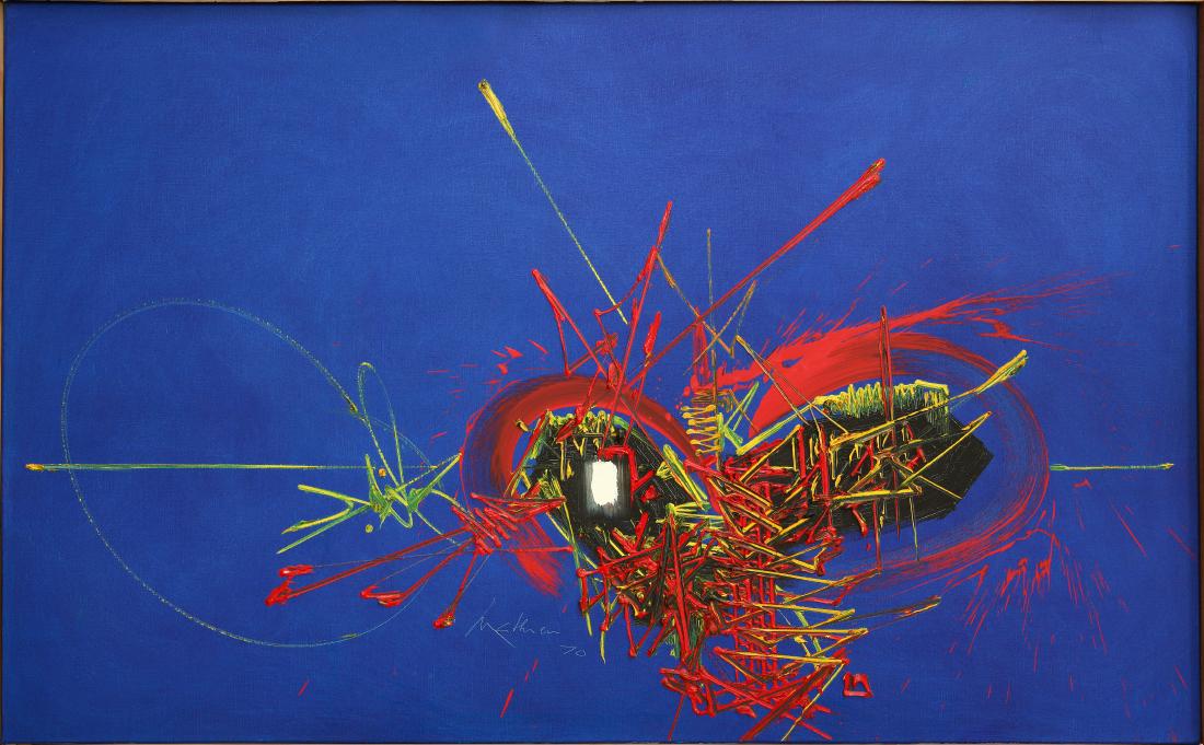 Georges MATHIEU (FRA/1921-2012) Songes écarlates,: Georges MATHIEU (FRA/1921-2012)Songes écarlates, 1970Huile sur toile 81 x 129.5 cm Signée et datée en bas au centre Titrée au dos sur le chassis Provenance: -Collection privée, Italie -Collection