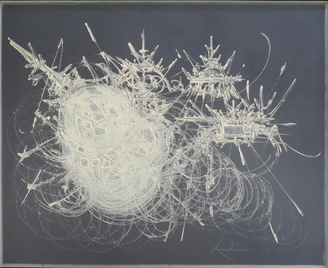 Georges MATHIEU (FRA/1921-2012) Soui-Manga, 1979 Huile: Georges MATHIEU (FRA/1921-2012)Soui-Manga, 1979Huile sur toile 81 x 100 cm Signée et datée en bas à droite Titrée au dos sur le chassis Provenance: -Collection privée, Italie -Collection privée,