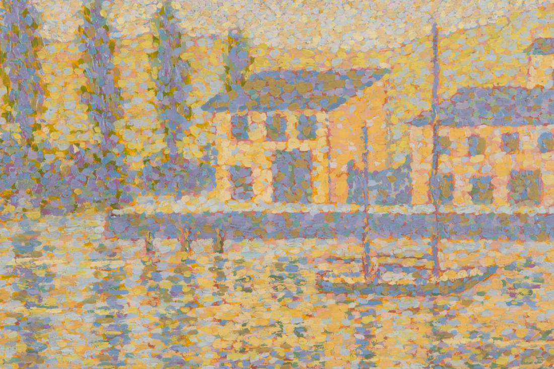 Yvonne CANU (1921-2007) Paysage au voilier et aux: Yvonne CANU (1921-2007) Paysage au voilier et aux peupliers Huile sur toile Signée en bas à droite 31 x 40,5 cm