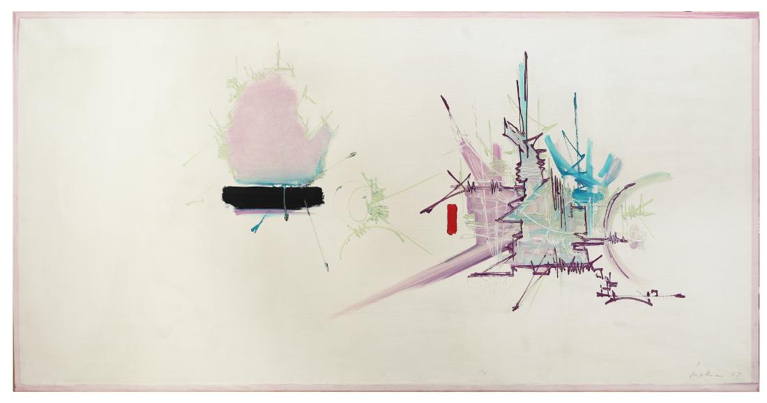 GEORGES MATHIEU (FRA/1921-2012) Theophanie, 1967 Huile: GEORGES MATHIEU (FRA/1921-2012) Theophanie, 1967 Huile sur toile 97 x 195 cm. Signée et datée en bas à droite ; Titrée au dos sur le chassis Provenance Galerie de Seine, Paris (