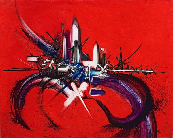 Georges MATHIEU (né en 1921) Songe d'Agreste. Huile: Georges MATHIEU (né en 1921) Songe d'Agreste. Huile sur toile. Signée et datée 83 au centre à droite. 73 x 92 cm. Certificat de l'artiste. Exposition : Palm Beach. Wally Findlay Galleries. ""Georg