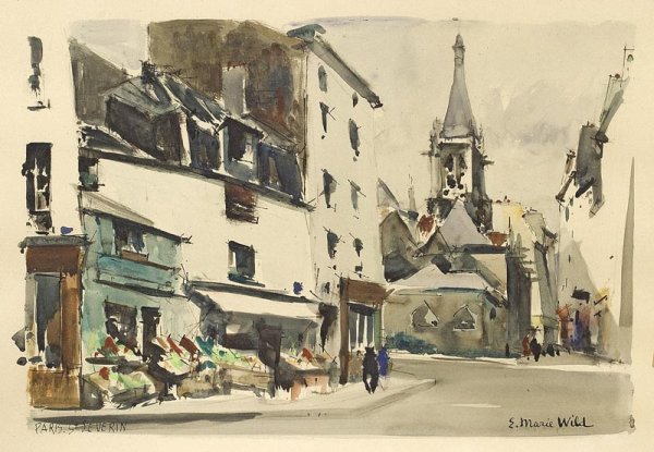 E. Marie Wild Vues de Paris. Paire d'aquarelles