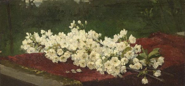 Ernest QUOST (1844-1931) 26 Branches d'amandier e: Ernest QUOST (1844-1931) 26 Branches d'amandier en fleur. Huile sur panneau. Signée en bas à gauche. 24 x 50 cm.