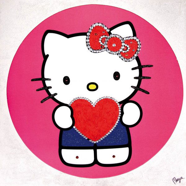 "Maya (1975)Hello Kitty, 2005.technique mixte et: "Maya (1975)Hello Kitty, 2005.technique mixte et strass sur toile, signée en bas à droite et contresignée, titrée, datée, numérotée 1/1 au dos.80 x 80 cm"