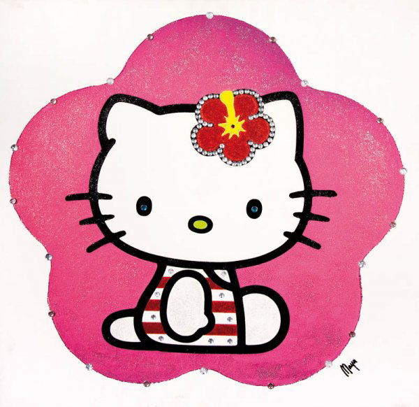 "Maya (1975)Hello Kitty, 2005.technique mixte et: "Maya (1975)Hello Kitty, 2005.technique mixte et strass sur toile, signée en bas à droite et contresignée, titrée, datée, numérotée 1/1 au dos.80 x 80 cm"