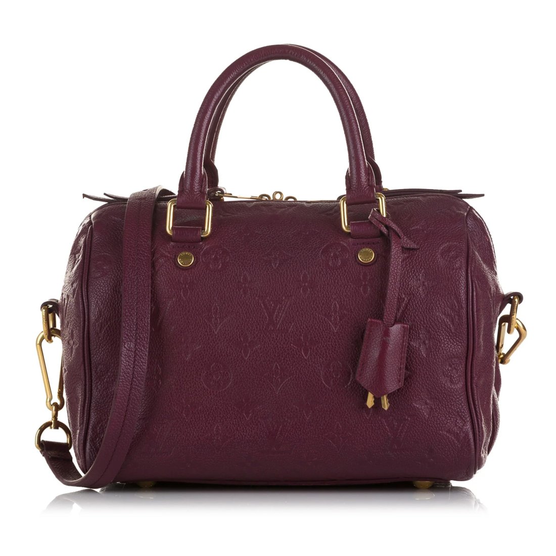 LOUIS VUITTON Speedy Bandouliere 25: Purple Monogram Empreinte. Size 26 x 22 x 15 cm