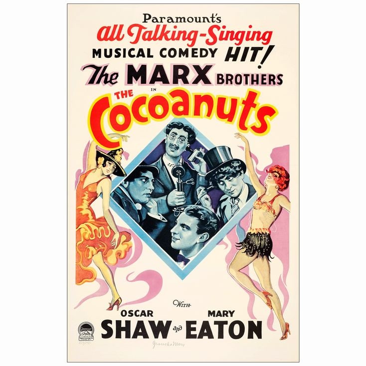 THE COCOANUTS - Reproduction One-Sheet (27.25" x 42.25") Autographed by Groucho Marx; Near Mint: THE COCOANUTS Reproduction One-Sheet (27.25" x 42.25") Autographed by Groucho Marx Near Mint Rolled Paramount, 1976 In 1976, celebrity photographer Steve Schapiro had