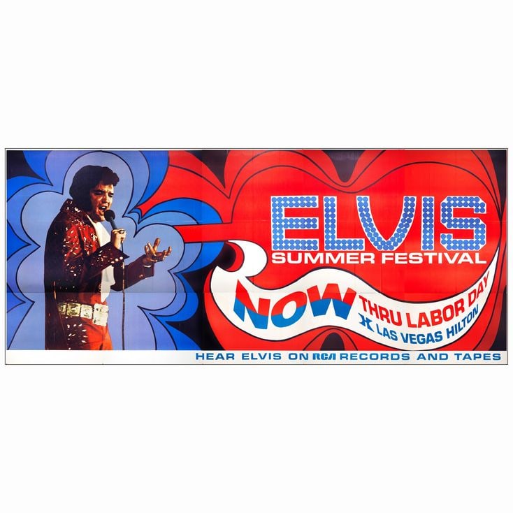 ELVIS PRESLEY - Summer Festival In Vegas 30 Sheet (115" x 259"); From the Collection of Bass: ELVIS PRESLEY Summer Festival In Vegas 30 Sheet (115" x 259"); From the Collection of Bass Guitarist, Jason Newsted Very Fine Folded Las Vegas Hilton/RCA Records, 1972
