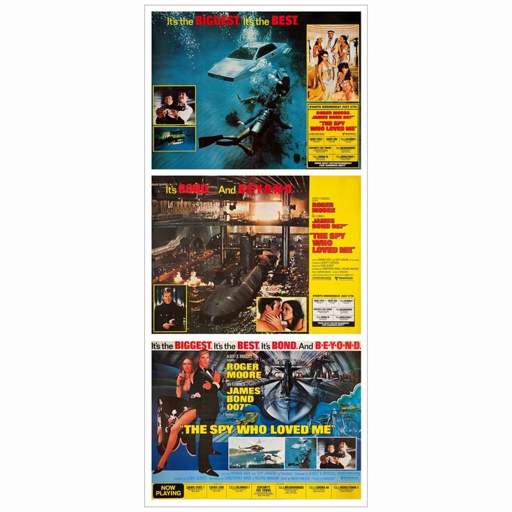 JAMES BOND: THE SPY WHO LOVED ME - New York Subway (3) (59.25" x 44.75"); Advance Submarine Style,: JAMES BOND: THE SPY WHO LOVED ME New York Subway (3) (59.25" x 44.75"); Advance Submarine Style, Advance Scuba Style & Art Style Very Fine- Folded; Artist Bob Peak (Art Style) United Artists, 19