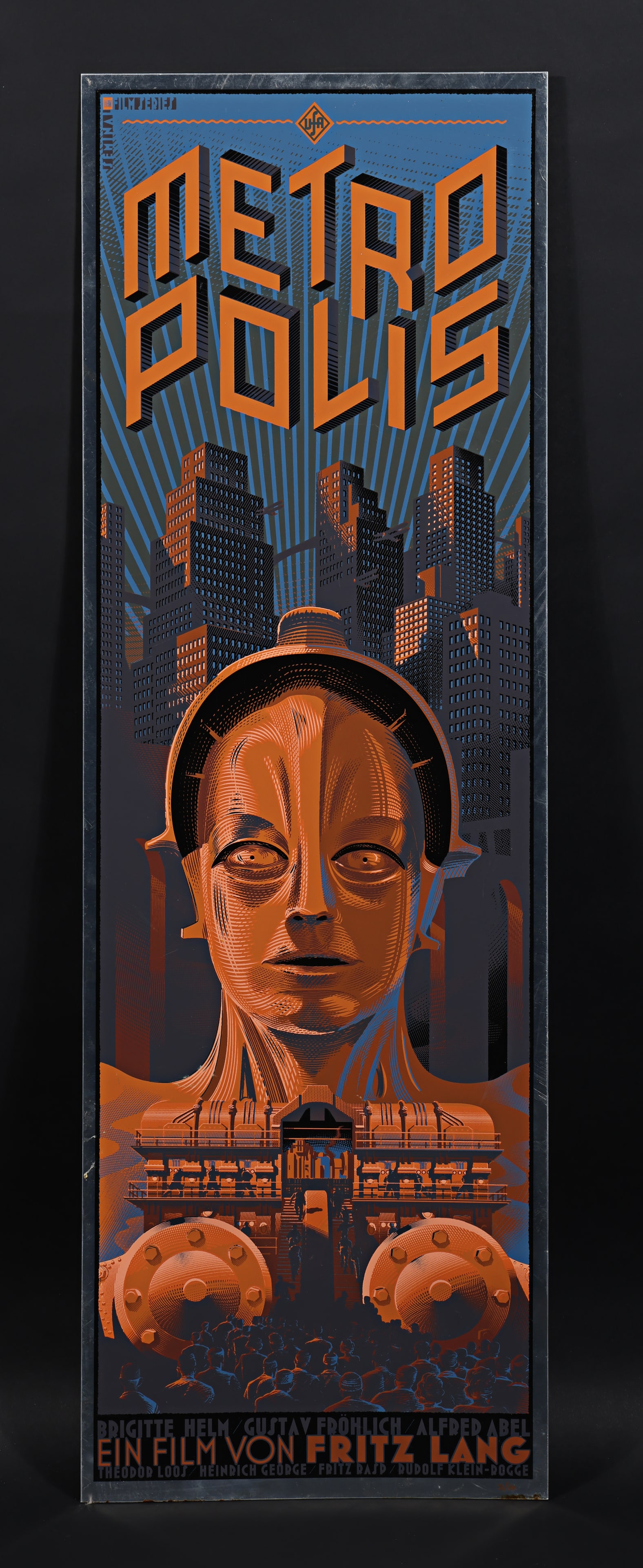 METROPOLIS (1927) - Dark Hall Mansion Archive: Hand-Numbered Limited Edition Metal Variant Print by: Laurent Durieux's Metropolis prints were the first posters released for Dark Hall Mansion's Seminal Film Series. Its futuristic vision and singularly intense direction by pioneering legend Fritz Lang 