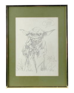 STAR WARS: THE EMPIRE STRIKES BACK (1980) - William Plumb Collection: Framed Hand-Drawn John Byrne: STAR WARS: THE EMPIRE STRIKES BACK (1980) - William Plumb Collection: Framed Hand-Drawn John Byrne Yoda Sketch - A framed sketch of Yoda hand-drawn by comic artist John Byrne at the 1982 San Diego Com