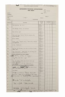 STAR WARS: RETURN OF THE JEDI (1983) - Anthony Daniels Collection: ADR Cue Sheet with Handwritten: STAR WARS: RETURN OF THE JEDI (1983) - Anthony Daniels Collection: ADR Cue Sheet with Handwritten Notes and Corrections - An automated dialogue replacement (ADR) cue sheet from the production of Richa