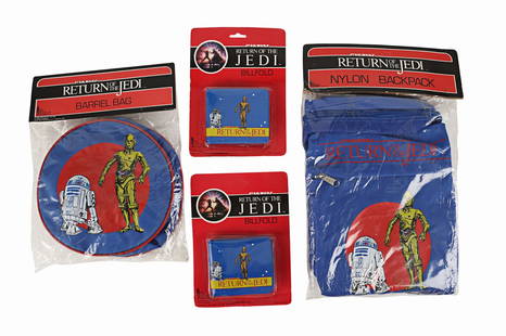 STAR WARS: RETURN OF THE JEDI (1983) - Unopened C-3PO and R2 D2 Backpack, Barrel Bag and Pair of: STAR WARS: RETURN OF THE JEDI (1983) - Unopened C-3PO and R2 D2 Backpack, Barrel Bag and Pair of Billfolds - An unopened C-3PO (Anthony Daniels) and R2 D2 (Kenny Baker) nylon backpack, barrel bag and