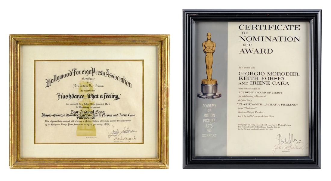 FLASHDANCE (1983) - Framed Academy Award Certificate of Nomination and Hollywood Foreign Press (1 of 4)