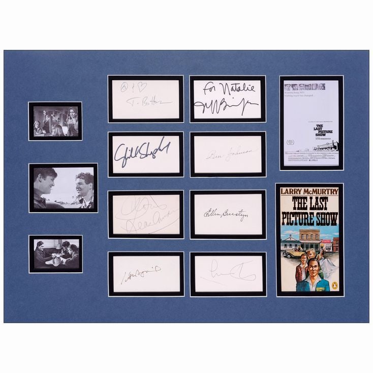 THE LAST PICTURE SHOW - Autographs in Display (24" x 18") Autographed by Timothy Bottoms, Cybill: THE LAST PICTURE SHOW Autographs in Display (24" x 18") Autographed by Timothy Bottoms, Cybill Shepherd, Jeff Bridges, Ben Johnson, Ellen Burstyn, and Cloris Leachman, among others. (JSA COA) Very F