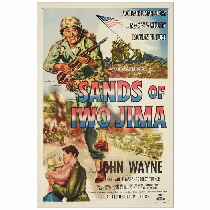 THE SANDS OF IWO JIMA - One Sheet (27" x 41"); Very Fine- on Linen: THE SANDS OF IWO JIMA One Sheet (27" x 41") Very Fine- on Linen Republic, 1950 There was a piece missing from the rifle that was repaired during restoration. There has