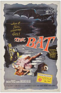 THE BAT - One Sheet (27" x 41"); Very Fine- Folded: THE BAT One Sheet (27" x 41") Very Fine- Folded Allied Artists, 1959 The poster has fold wear with a split in a horizontal fold. The Bat is a 1959 mystery thriller directed by Crane Wilbur and