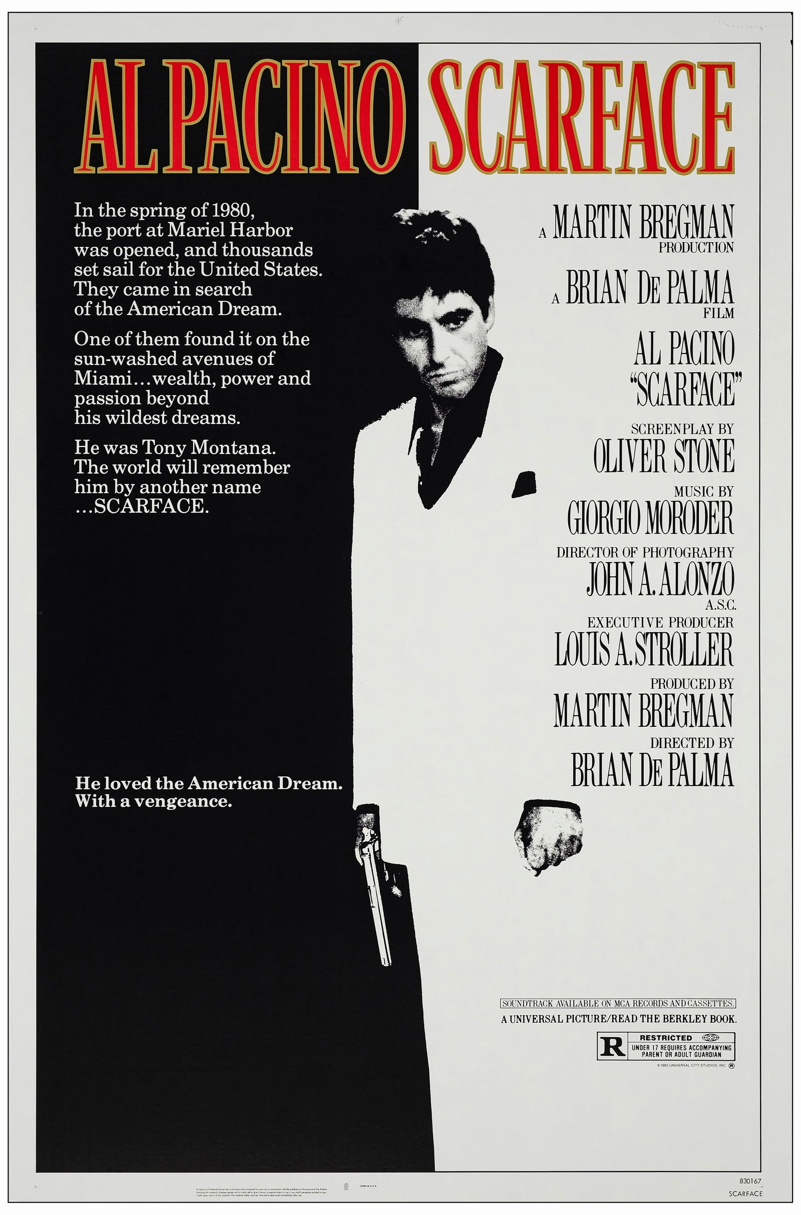 SCARFACE - One Sheet (27" x 41"); Advance Style; Very Fine+ Rolled: SCARFACE One Sheet (27" x 41"); Advance Style Very Fine+ Rolled; Artwork by Mike Bryan Universal Pictures, 1983 Using only black and white colors to visually convey th