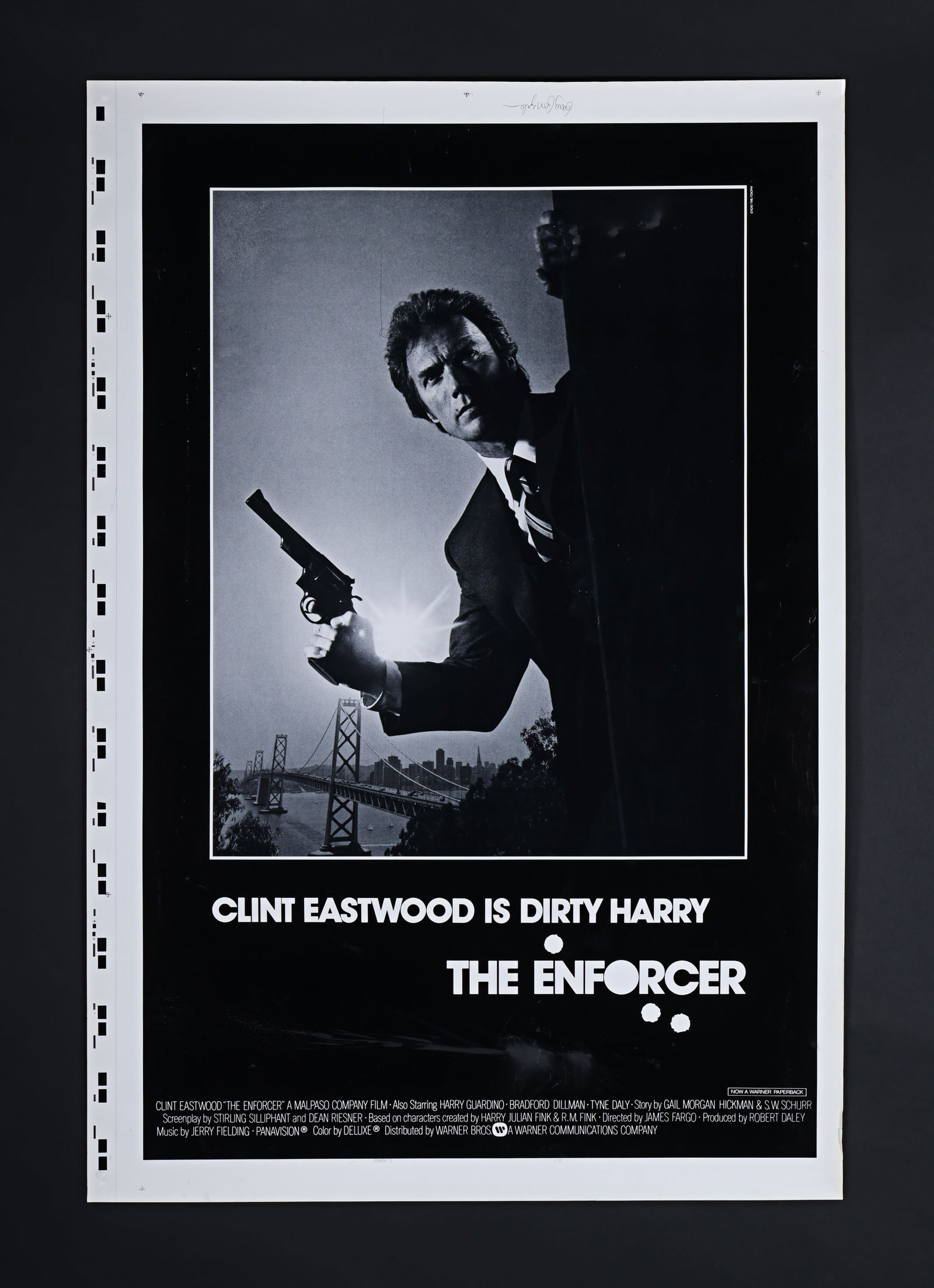 THE ENFORCER (1976) - David Frangioni Collection: US One-Sheet Printer's Proof, 1976: Designed by regular Clint Eastwood collaborator Bill Gold, this Printer's Proof US One-Sheet for the third Dirty Harry movie, The Enforcer (1976), features a black-and-white photo image of Eastwood as