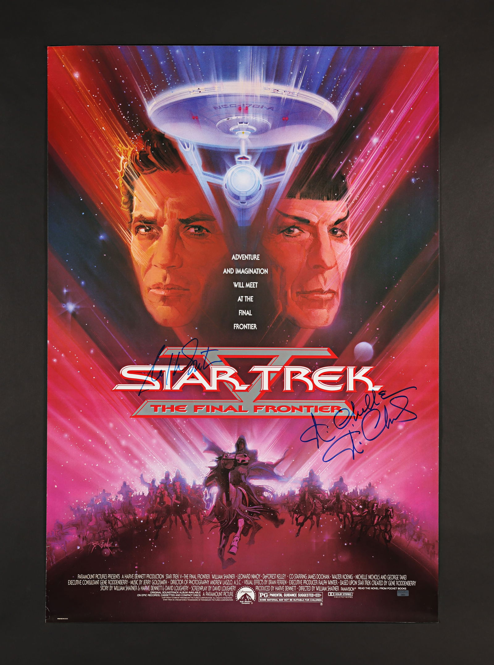STAR TREK V: THE FINAL FRONTIER (1989) - William Shatner and Nichelle Nichols Autographed US One-She: "Adventure And Imagination Will Meet At The Final Frontier". A colourful US One-Sheet for William Shatner's sci-fi sequel Star Trek V: The Final Frontier (1989). Bob Peak has produced vibrant intergal