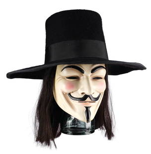 V FOR VENDETTA (2005) - Crowd Member's V Mask, Hat, and Wig: V FOR VENDETTA (2005) - Crowd Member's V Mask, Hat, and Wig - A crowd member's V mask, hat, and wig from James McTeigue's V for Vendetta. Inspired by freedom fighter V's (Hugo Weaving) acts of rebelli