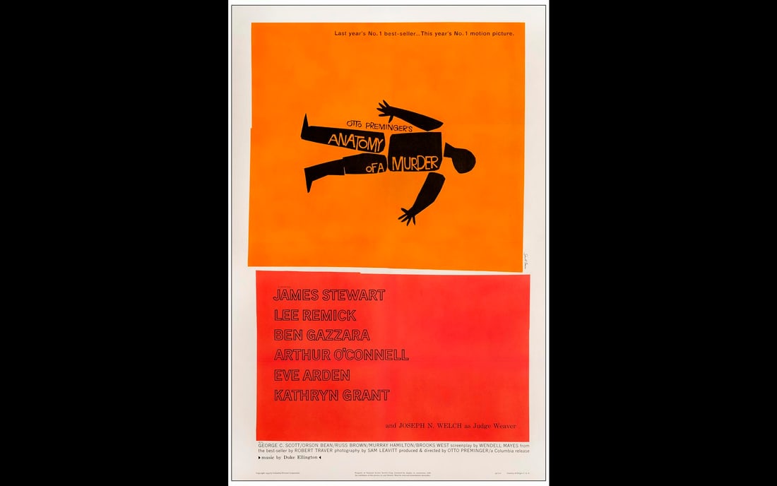 ANATOMY OF A MURDER - One Sheet (27" x 41"); Fine+ on Linen: ANATOMY OF A MURDER One Sheet (27" x 41") Fine+ on Linen; Artwork by Saul Bass Columbia , 1959 This exquisite poster has been professionally mounted on linen, its colo