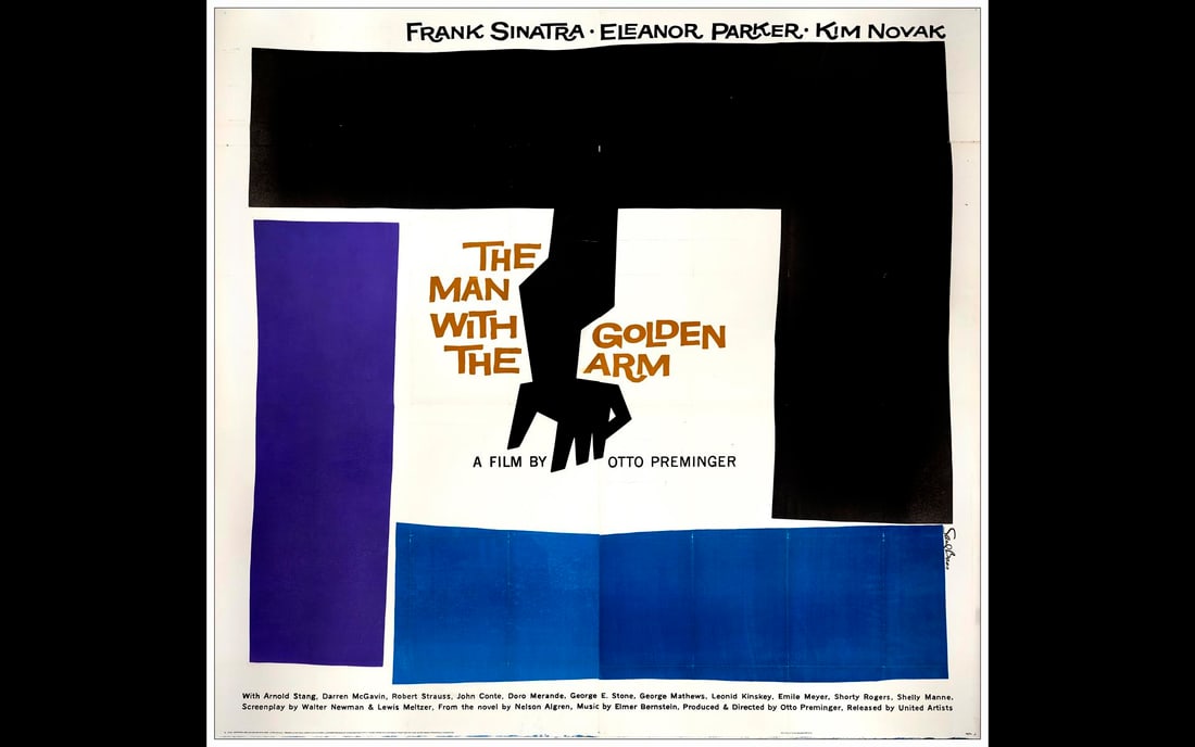 THE MAN WITH THE GOLDEN ARM - Six Sheet (81" x 81"); Very Fine on Linen: THE MAN WITH THE GOLDEN ARM Six Sheet (81" x 81") Very Fine on Linen; Artwork by Saul Bass United Artists, 1955 We are excited to present this rare six-sheet poster fo