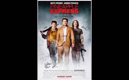 PINEAPPLE EXPRESS - One Sheet (27" x 40") Signed by Seth Rogen, James Franco, Danny McBride, Amber: PINEAPPLE EXPRESS One Sheet (27" x 40") Signed by Seth Rogen, James Franco, Danny McBride, Amber Heard, writer Evan Goldberg, writer/producer Judd Apatow and director David Gordon Green (JSA COA) Ve