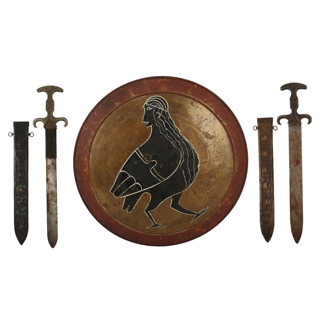 JASON AND THE ARGONAUTS (1963) - Argonaut SFX Retractable Sword, Argonaut Hero Metal Sword with: JASON AND THE ARGONAUTS (1963) - Argonaut SFX Retractable Sword, Argonaut Hero Metal Sword with Scabbard and Polydeuces' (John Crawford) Shield - An Argonaut SFX retractable sword, an Argonaut hero me