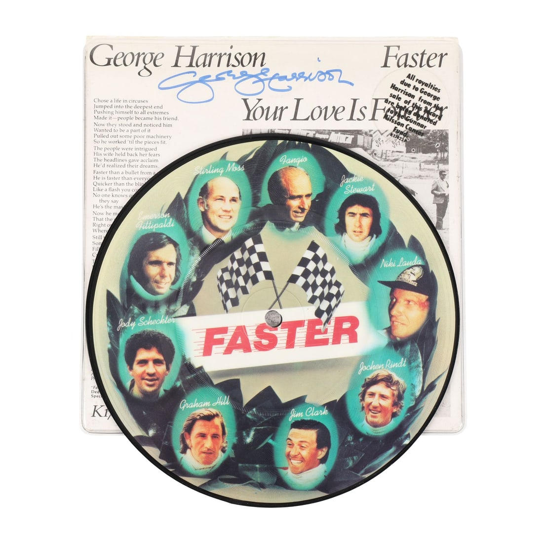 GEORGE HARRISON - George Harrison-Autographed "Faster" UK Picture Disc LP: GEORGE HARRISON - George Harrison-Autographed "Faster" UK Picture Disc LP - An autographed UK picture disc pressing of George Harrison's 1979 single "Faster", which was a track on his self-titled albu