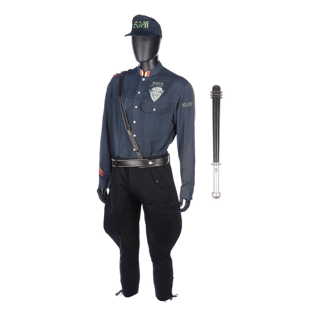 DEMOLITION MAN (1993) - Male SAPD Uniform and Stunt Baton: DEMOLITION MAN (1993) - Male SAPD Uniform and Stunt Baton - A male SAPD uniform and stunt baton from Marco Brambilla's sci-fi action comedy Demolition Man. Officers in the San Angeles Police Departmen