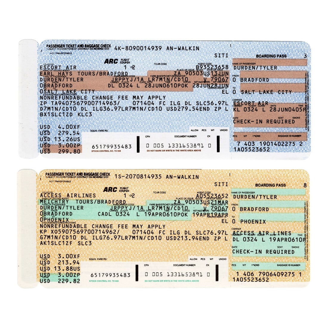 FIGHT CLUB (1999) - Pair of Tyler Durden's (Brad Pitt) Boarding Passes (1 of 1)