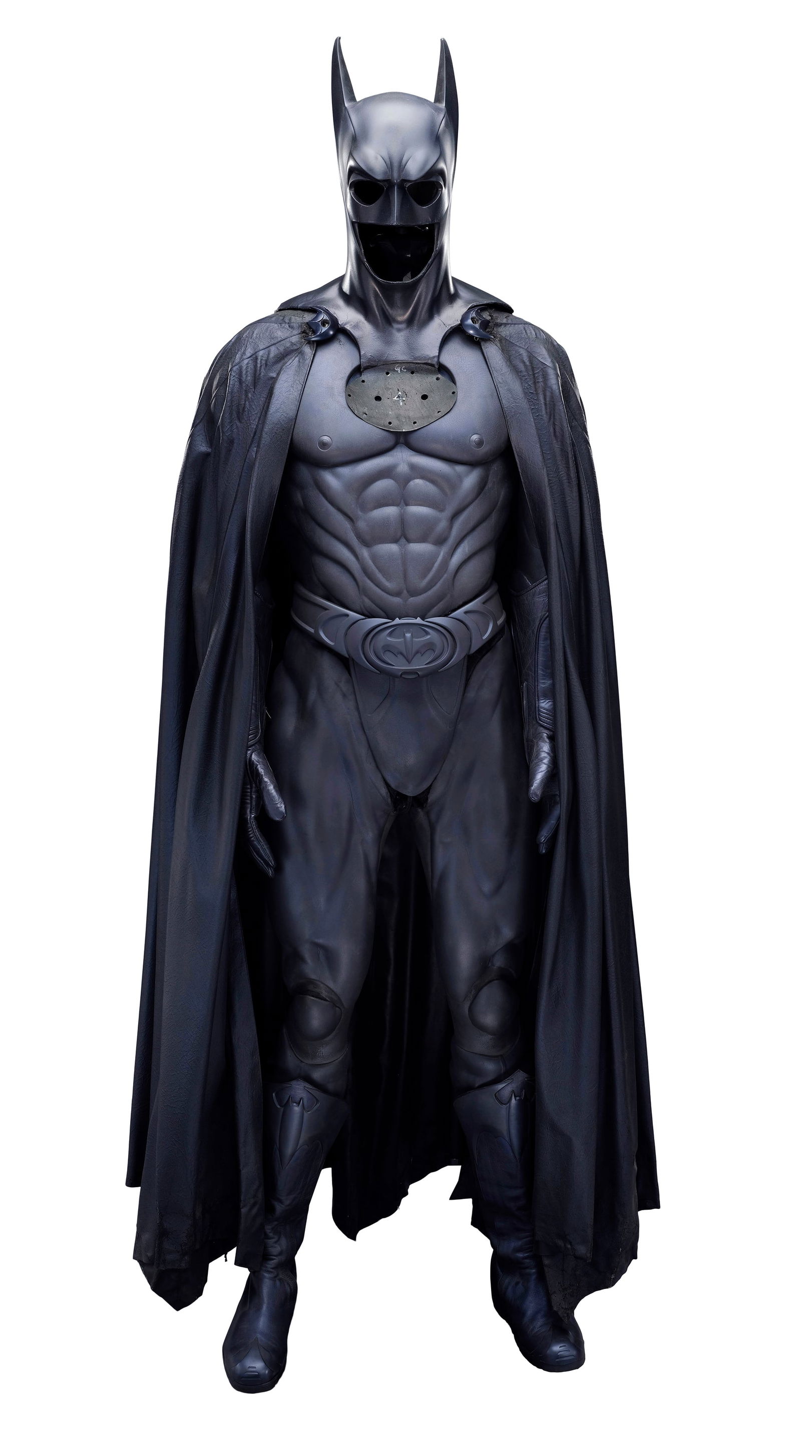 BATMAN AND ROBIN (1997) - Batman's Batsuit Costume: BATMAN AND ROBIN (1997) - Batman's Batsuit Costume - Batman's Batsuit costume from Batman & Robin. Batman wore the latest solid-color iteration of his standard Batsuit throughout the film before donni