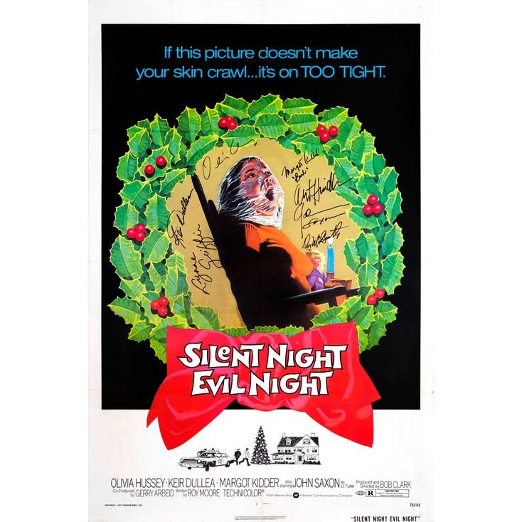 BLACK CHRISTMAS - Key Cast-Autographed One Sheet with Paper Snipe (27" x 41") Signed by Olivia: BLACK CHRISTMAS Key Cast-Autographed One Sheet with Paper Snipe (27" x 41") Signed by Olivia Hussey, Keir Dullea, Margot Kidder and 4 more! (JSA COA) Very Fine Folded; Artwork by Robert Tanenbaum