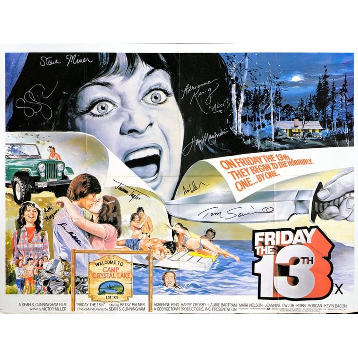 FRIDAY THE 13TH - Key Cast and Crew-Autographed British Quad (40" x 30") Signed by the Director and (1 of 10)