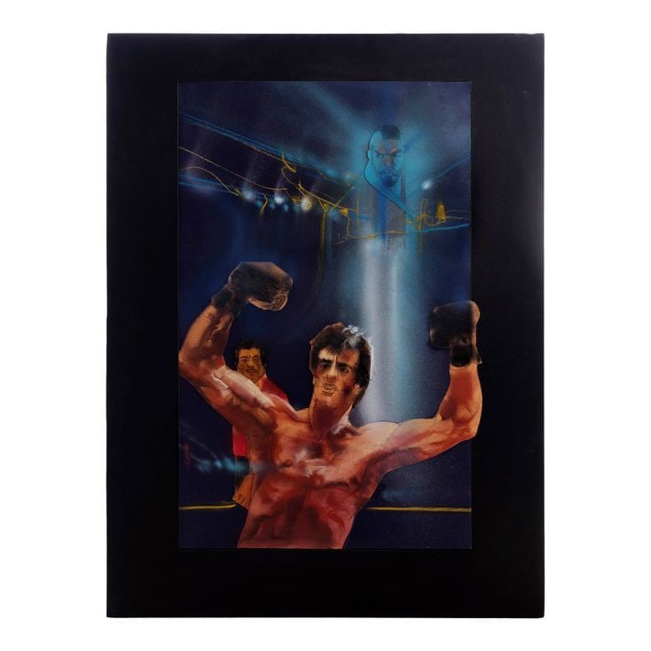 ROCKY III - Matted Hand-Illustrated Poster Concept Collage (30" x 40"); Very Fine: ROCKY III Matted Hand-Illustrated Poster Concept Collage (30" x 40") Very Fine; Artwork by Bob Peak MGM/UA, 1982 This is a magnificent mixed-media rendering of cut-out