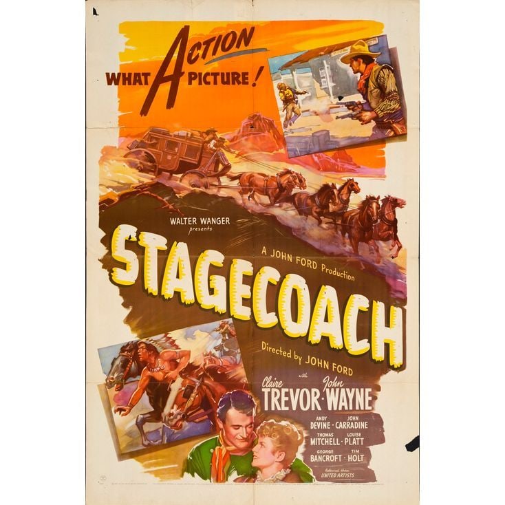 STAGECOACH - One Sheet (27" x 41"); Fine- Folded: STAGECOACH One Sheet (27" x 41") Fine- Folded United Artists, R-1944 John Wayne and Claire Trevor co-star in director John Ford's highly acclaimed Western drama, prese