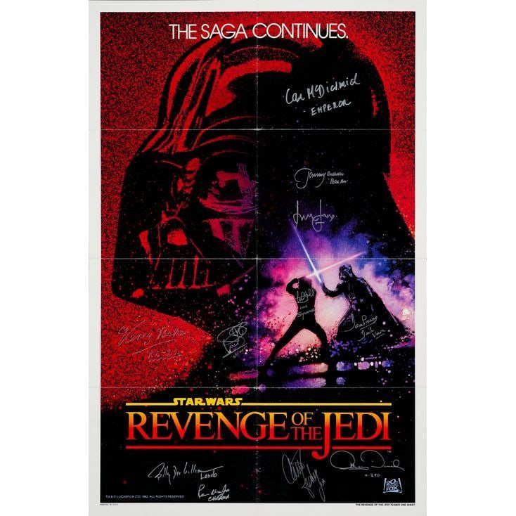 STAR WARS: RETURN OF THE JEDI - One Sheet (27" x 41") Signed by Mark Hamill, Harrison Ford, Carrie: STAR WARS: RETURN OF THE JEDI One Sheet (27" x 41"); Undated Advance Revenge Style Signed by Mark Hamill, Harrison Ford, Carrie Fisher and 8 more! (Beckett COA) Fine+ Folded; Artwork by Drew Struzan
