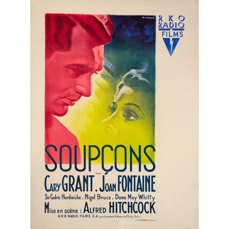 SUSPICION - First Post-War Release French Grande (46" x 62"); Very Fine- on Linen: SUSPICION First Post-War Release French Grande (46" x 62") Very Fine- on Linen; Artwork by Bernard Lancy RKO, 1946 This beautiful rendering is one of the few copies of