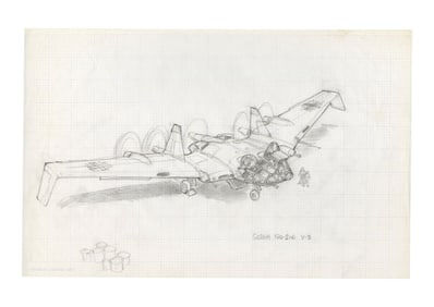 INDIANA JONES AND THE RAIDERS OF THE LOST ARK (1981) - Hand-Drawn Ron Cobb Flying Wing Concept