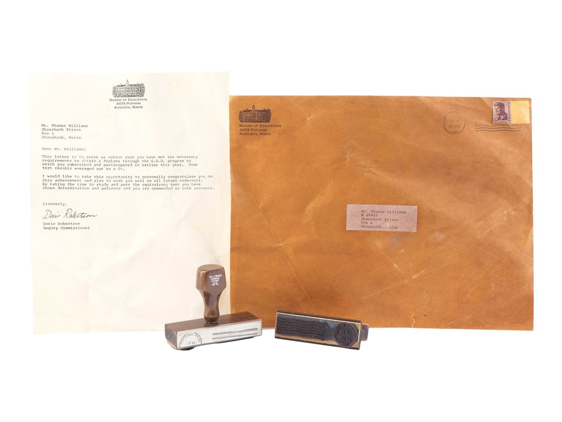 THE SHAWSHANK REDEMPTION (1994) - Tommy Williams' (Gil Bellows) GED Letter and Production Stamps: THE SHAWSHANK REDEMPTION (1994) - Tommy Williams' (Gil Bellows) GED Letter and Production Stamps - Tommy Williams' (Gil Bellows) GED letter and production stamps from Frank Darabont's The Shawshank Re