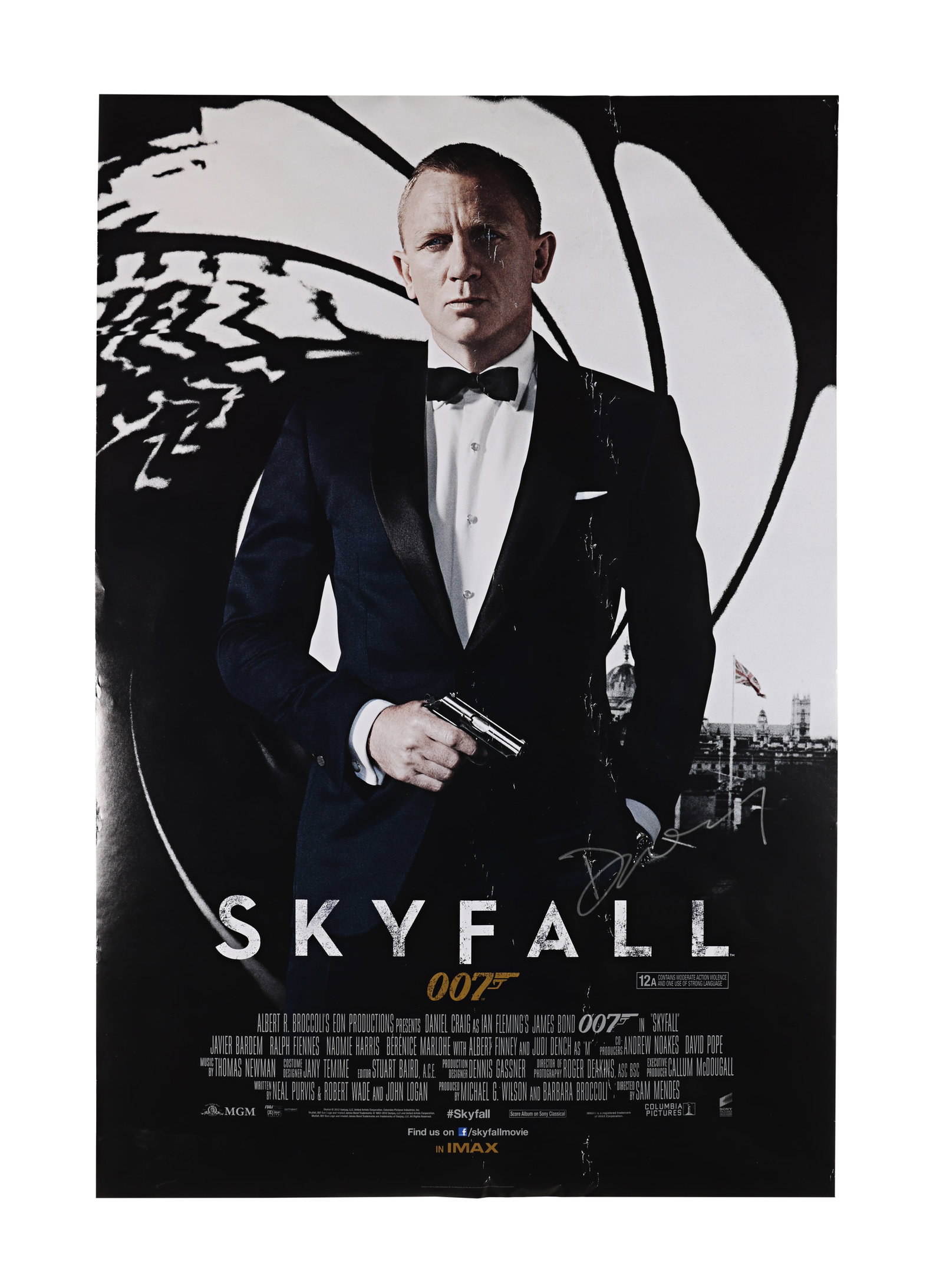JAMES BOND: SKYFALL (2012) - Daniel Craig Autographed IMAX Design One-Sheet: A One-Sheet poster autographed by Daniel Craig from the promotion of Sam Mendes' Bond film Skyfall. This One-Sheet is the IMAX design and shows Bond (Daniel Craig) dressed in a trademark tuxedo with t