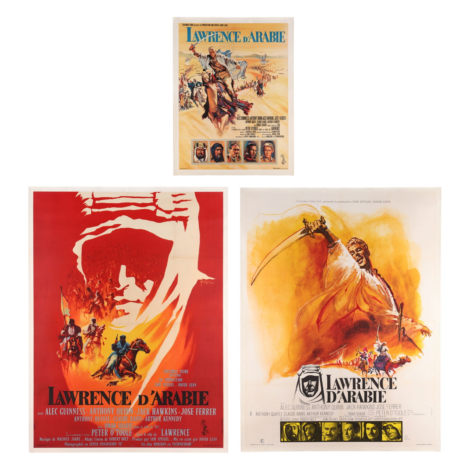 LAWRENCE OF ARABIA (1962) - Three French Posters, 1963 (First Release) and 1971 - Linen-Backed: Three French posters for David Lean's epic Lawrence of Arabia. The picture won seven Oscars and boasts an all-star cast of Alec Guinness, Anthony Quinn, Jack Hawkins, Omar Sharif and, of course, Peter