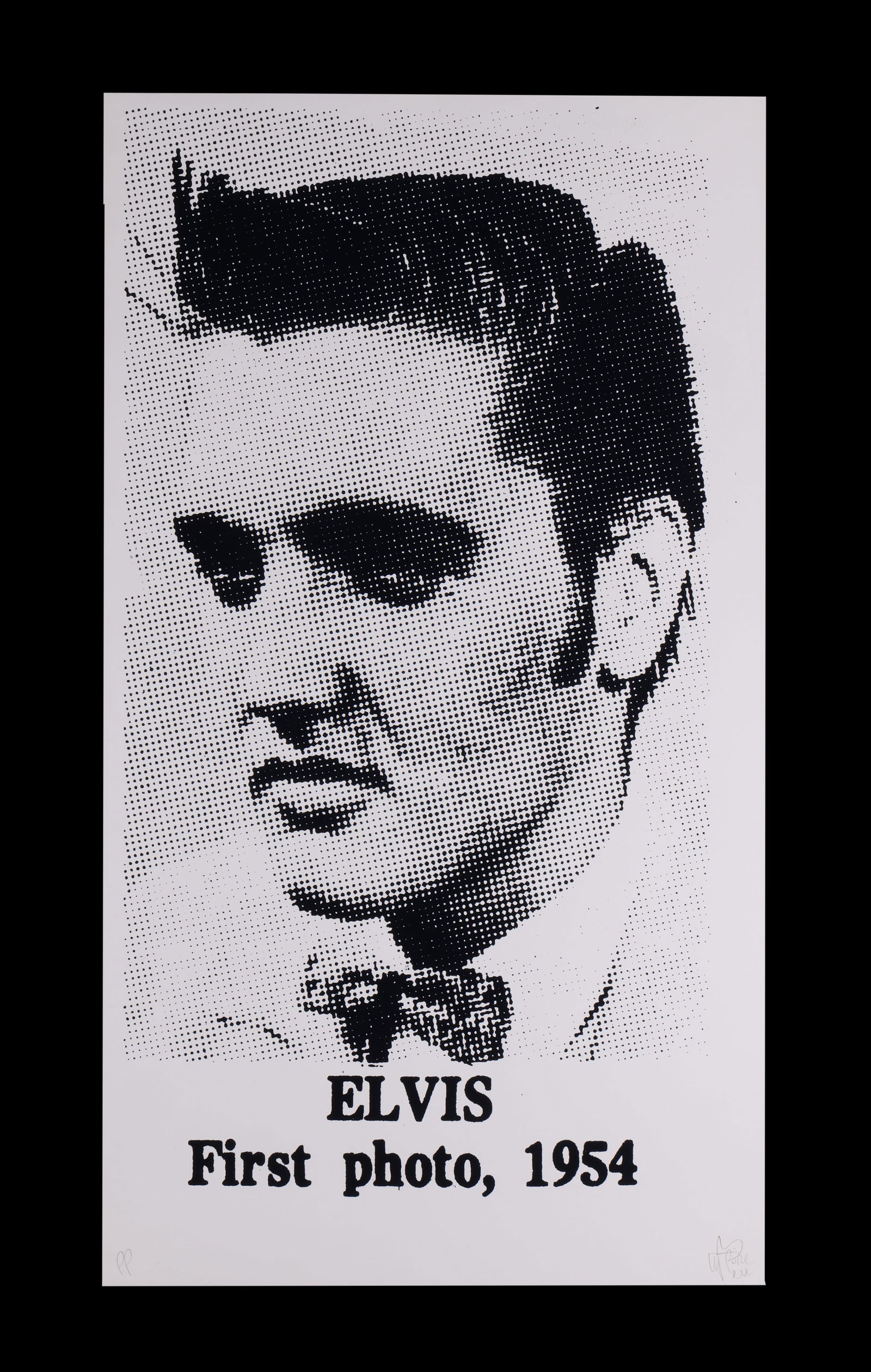 PURE EVIL - Elvis First Photo, 1954 (Silver), 2017: "Elvis First Photo, 1954" by Pure Evil (Charles Uzzell-Edwards), Welsh b.1968 - The original 1" image of the "King of Rock and Roll" featured in a memorial issue newspaper published in his hometown of