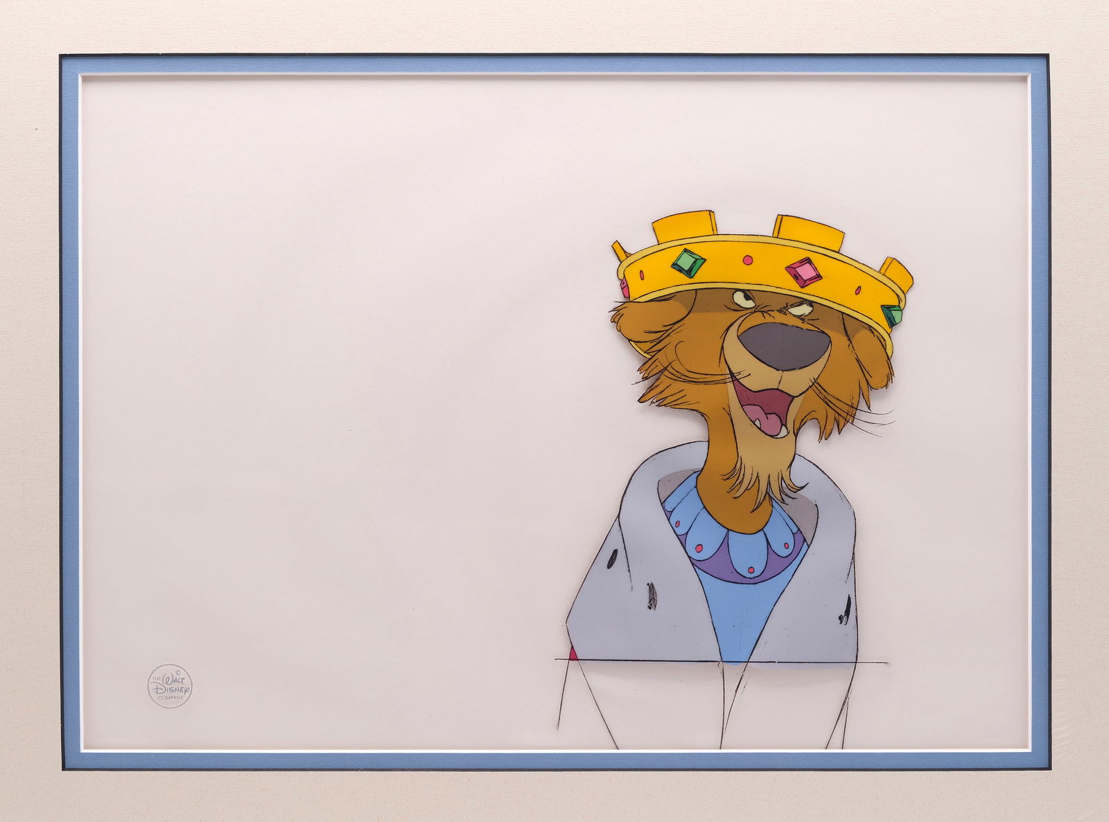ROBIN HOOD (1973) - Prince John Original Production Cel: An original production cel of the scheming, insecure lion Prince John, memorably voiced by Peter Ustinov, mid-conversation with his slithery advisor, Sir Hiss. Robin Hood holds a special place i